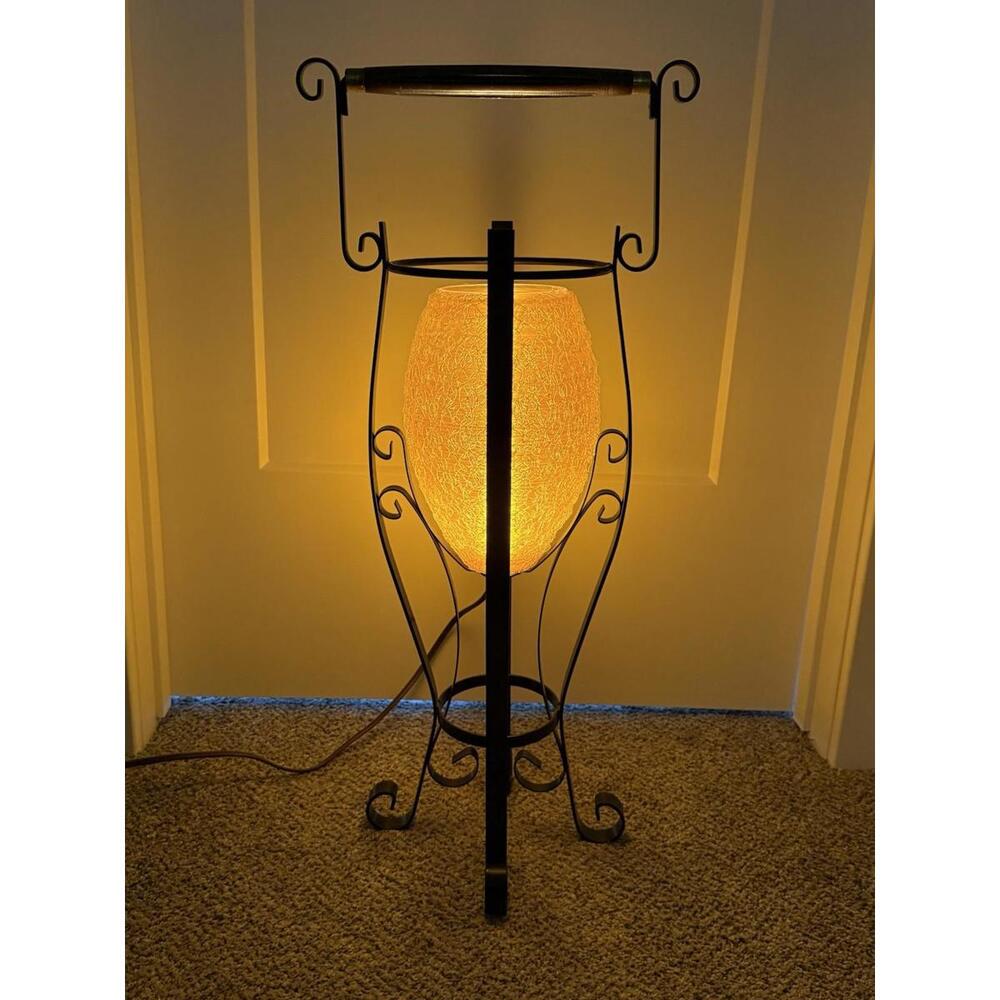 Vtg Spaghetti Standing Lamp Orange Lucite Shade No Ashtray Metal Wood Stand MCM